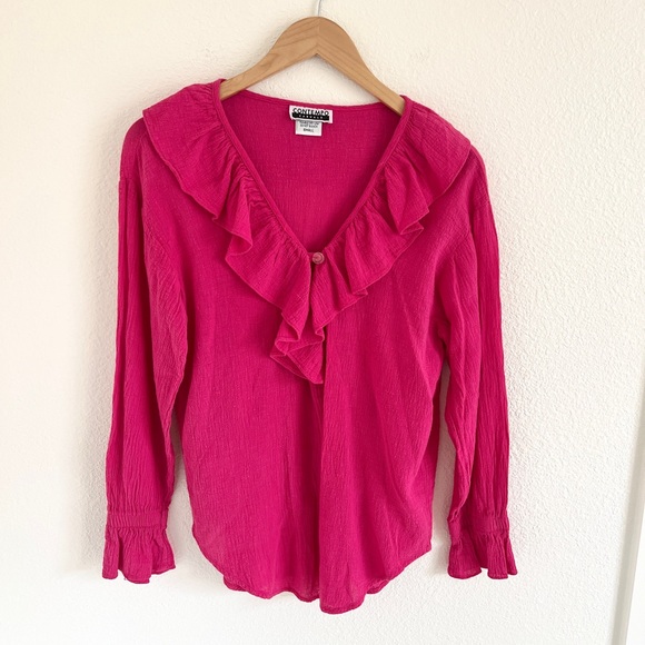 VINTAGE blouse / pink gauze cotton ruffle v neck long sleeve top / size S - Picture 1 of 6